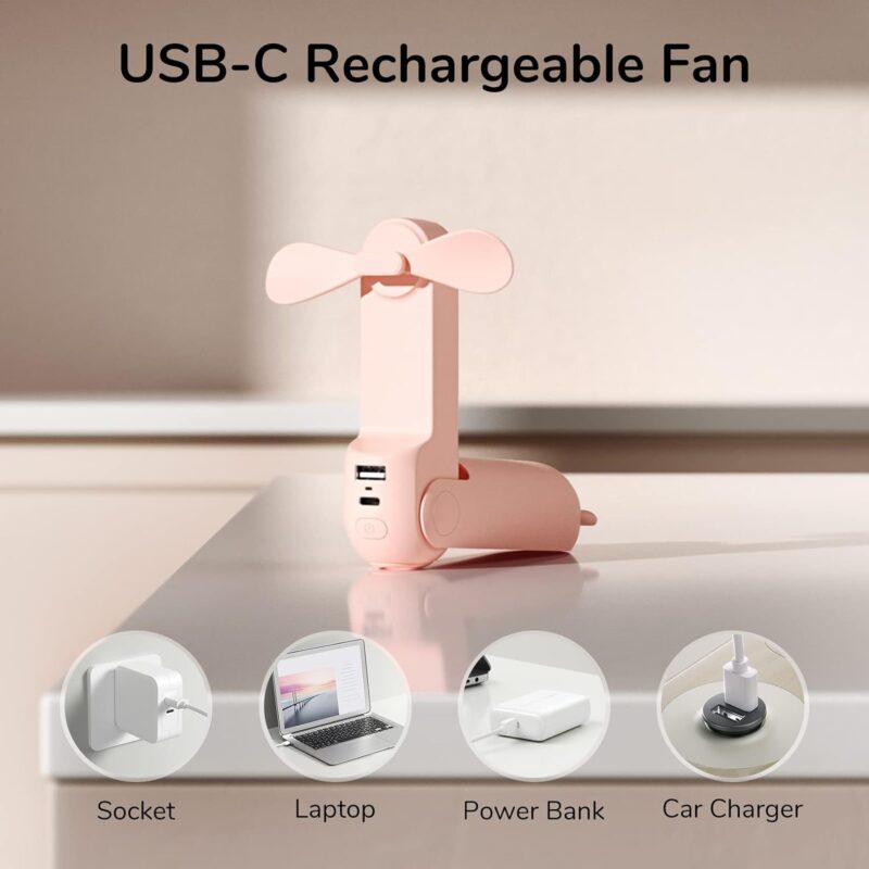 JISULIFE Handheld Mini Fan, 3 IN 1 Hand Fan, USB Rechargeable Small Pocket Fan [12-19 Working Hours] with Power Bank, Flashlight, Portable Fan for Travel/Summer/Concerts/Lash, Gifts for Women(Pink) - Image 5