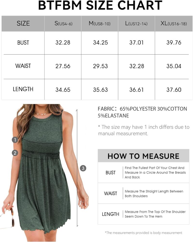 BTFBM Women Sleeveless Summer Dress 2024 Crewneck Ribbed Knit Ruffle Swing Button Down Beach Sun Mini Tank Short Dresses - Image 8