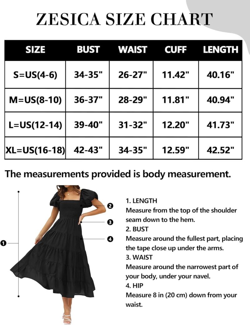 ZESICA Women's 2024 Summer Square Neck Short Puff Sleeve Solid Color High Waist Casual Smocked Flowy A Line Tiered Midi Dress - Image 5