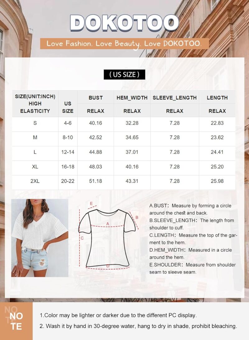 Dokotoo Womens Casual Summer Tops V Neck Short Sleeve Shirts Solid Hollow Out Lightweight Loose Fit Sweater Blouses - Image 6