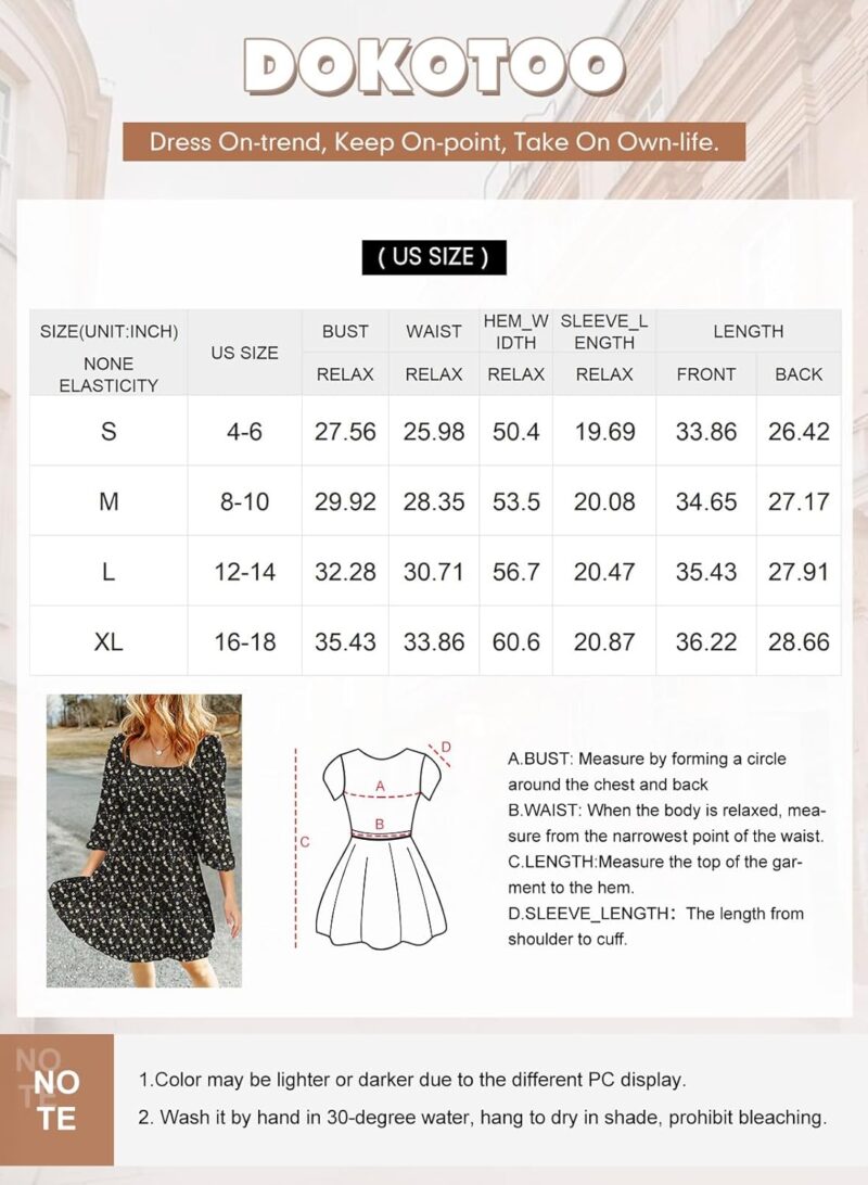 Dokotoo Womens Summer Dresses 2024 Boho Floral Square Neck Smocked 3/4 Sleeve Casual A-Line Swing Mini Babydoll Dress - Image 6