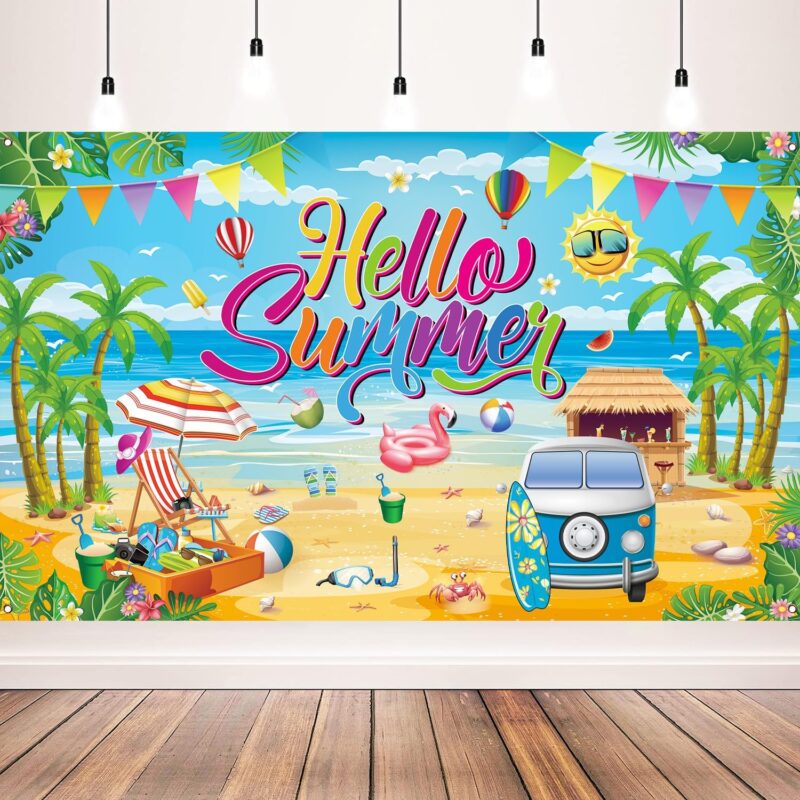 Hello Summer Party Decorations, Hello Summer Backdrop Banner for Hello Summer Party Decorations Supplies, 71 x 43 inch