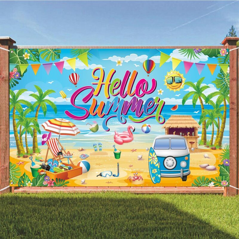 Hello Summer Party Decorations, Hello Summer Backdrop Banner for Hello Summer Party Decorations Supplies, 71 x 43 inch - Image 5