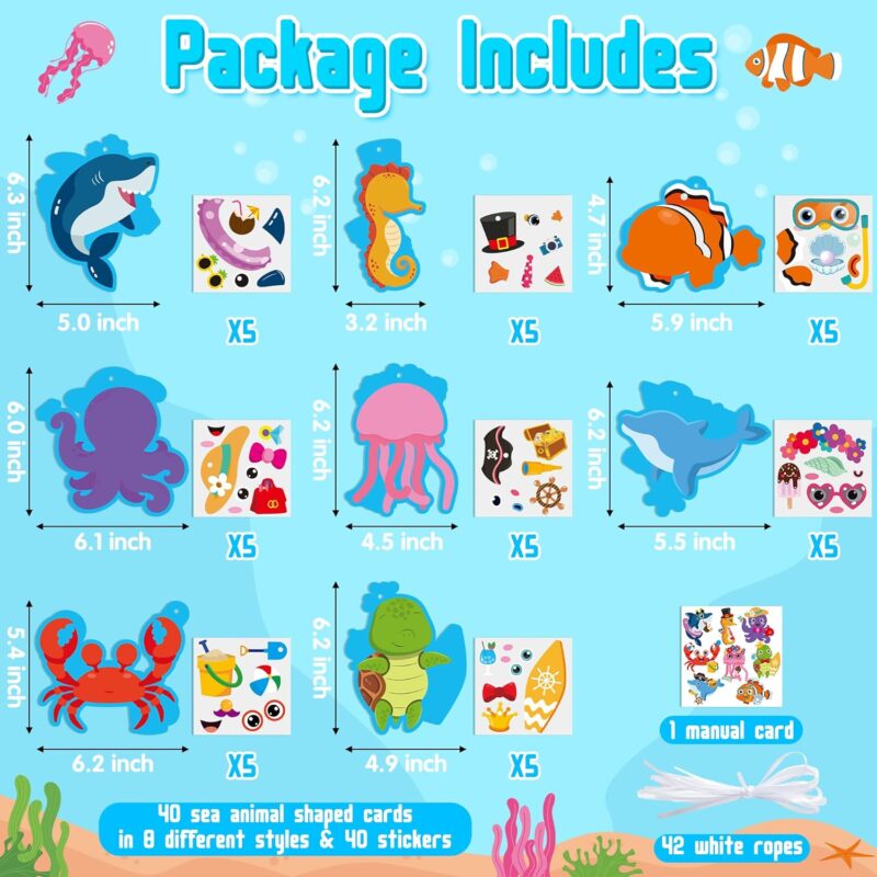 3sscha 40 Packs Summer Sea Animals Craft Kit for Kids - Make Your Own Ocean Marine Animal Card Bulk Set DIY Self-Adhesive Sticker Handmade Art Project Decor Classroom Home Activity Gift Party Favor - Image 2