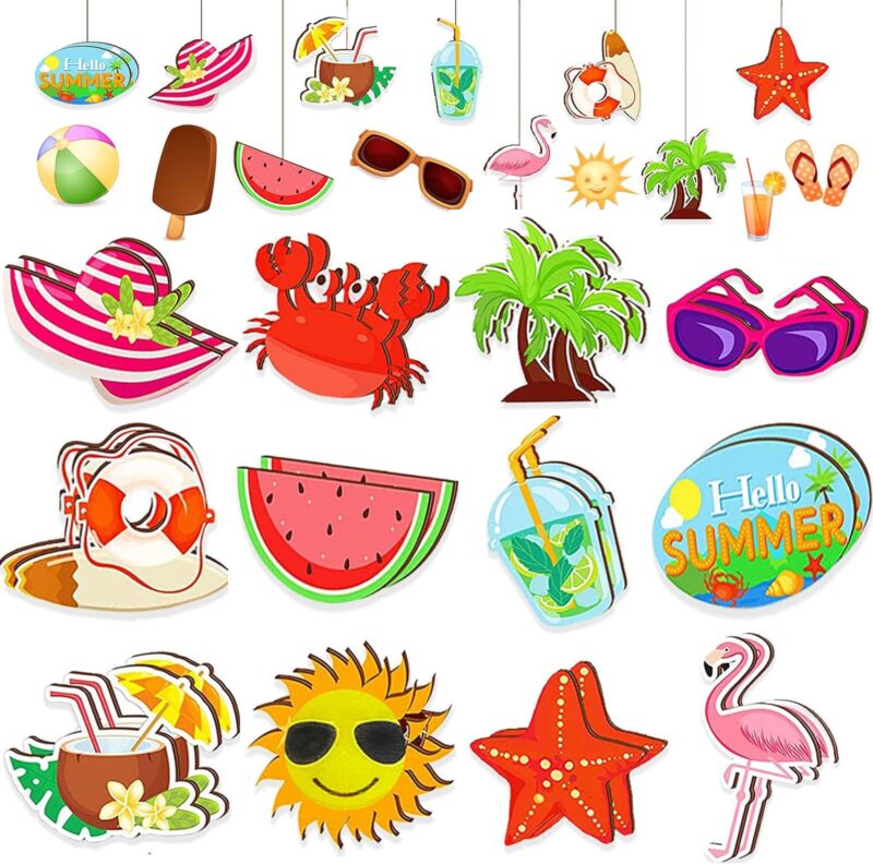 24Pcs Summer Ornaments for Tree Wood Hanging Beach Party Decoration Hawaiian Beach Wooden Pendant Decorations with Rope and Holes for Luau Party Supplies Summer Decorations