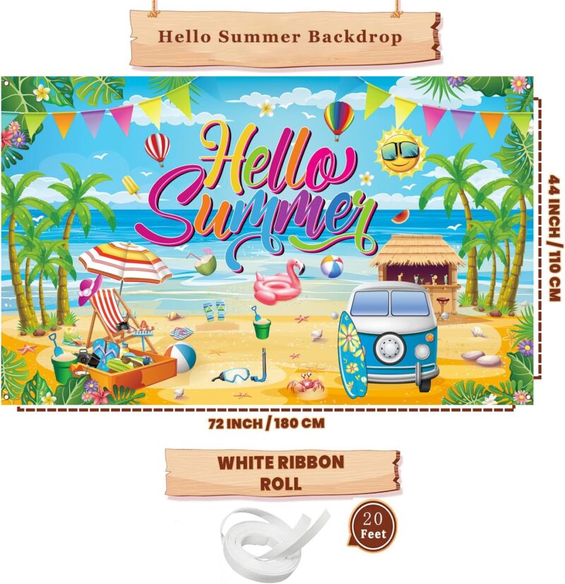 Hello Summer Party Decorations, Hello Summer Backdrop Banner for Hello Summer Party Decorations Supplies, 71 x 43 inch - Image 2