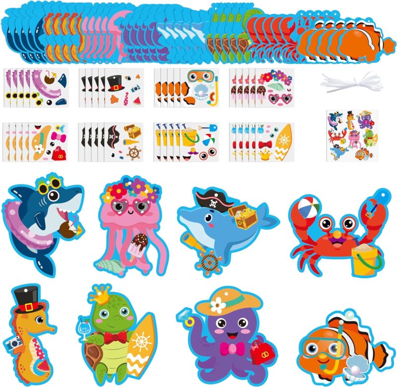 3sscha 40 Packs Summer Sea Animals Craft Kit for Kids - Make Your Own Ocean Marine Animal Card Bulk Set DIY Self-Adhesive Sticker Handmade Art Project Decor Classroom Home Activity Gift Party Favor