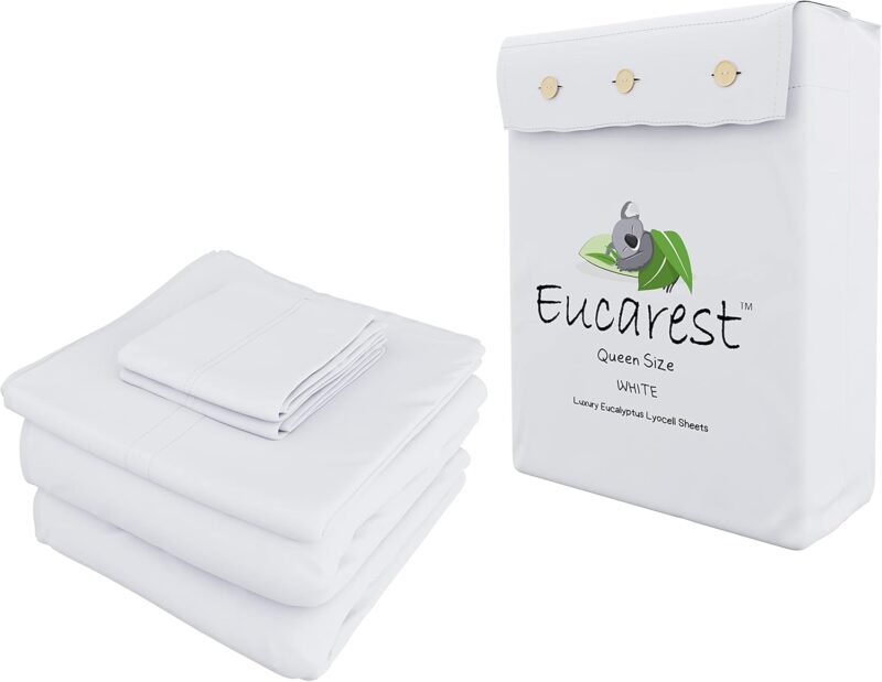 Eucalyptus Lyocell Bed Sheets, Hypoallergenic 100% Organic TENCEL, Thermal Regulating and Moisture Wicking for Hot Sleepers, Superior Thread Quality, Extra Deep Pockets Queen Size - White