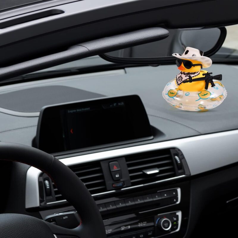 Duck for Cars, Rubber Duck for Car Dashboard, Squeaky Duck Bath Toy Yellow Duck Car Ornament Fun Cowboy Duck Car Accessories Car Dashboard Decorations with Swim Ring Hat Scarf Glasses (Style 4) - Image 7