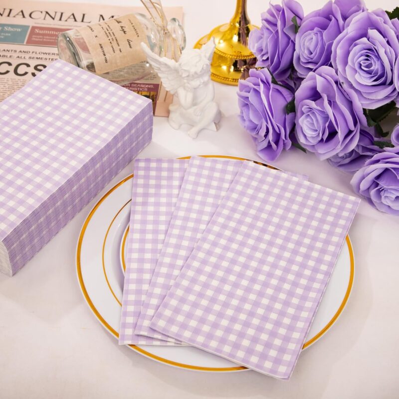 WDF 150Pack Purple Checkered Napkins - 3 Ply Disposable Purple and White Gingham Napkins Guest Napkins, Dinner Napkins Paper for Bathroom Picnic BBQ Birthday - Image 3