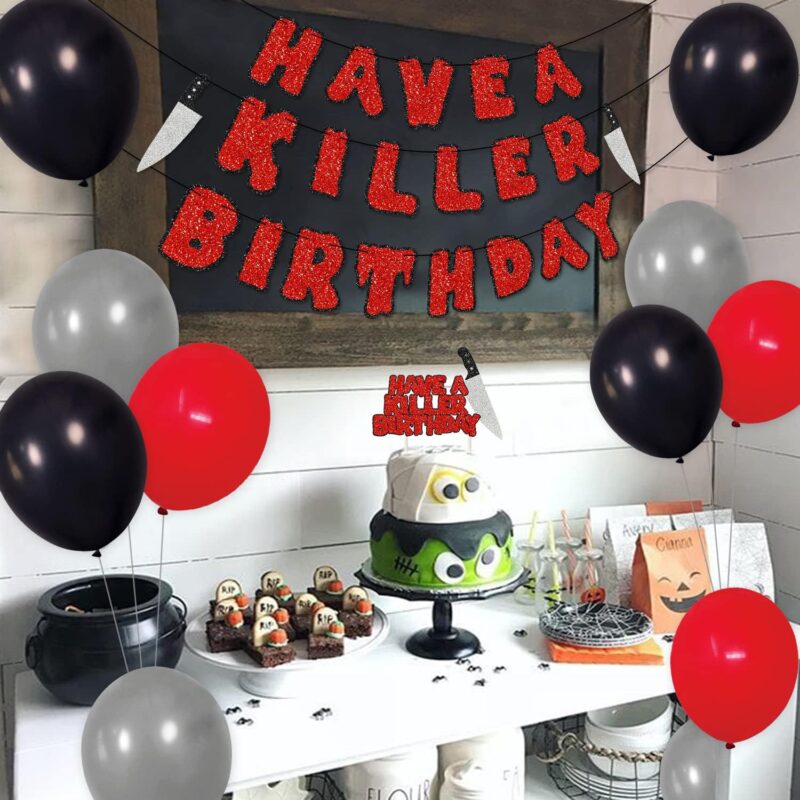 Have a Killer Birthday Party Decorations Kit Friday the 13th Themed Birthday Banner Bloody Cake Topper Balloons for Horror Theme Halloween Birthday Party Photo Props Supplies - Image 7