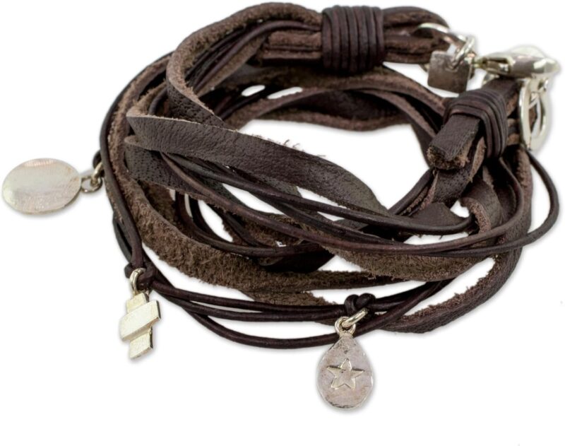 NOVICA Artisan Handmade Fine Silver Leather Wrap Bracelet Charm from Guatemala [0.2 in H x 0.4 in Diam.] ' Stellar Imprint' - Image 2