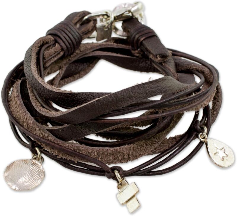 NOVICA Artisan Handmade Fine Silver Leather Wrap Bracelet Charm from Guatemala [0.2 in H x 0.4 in Diam.] ' Stellar Imprint'