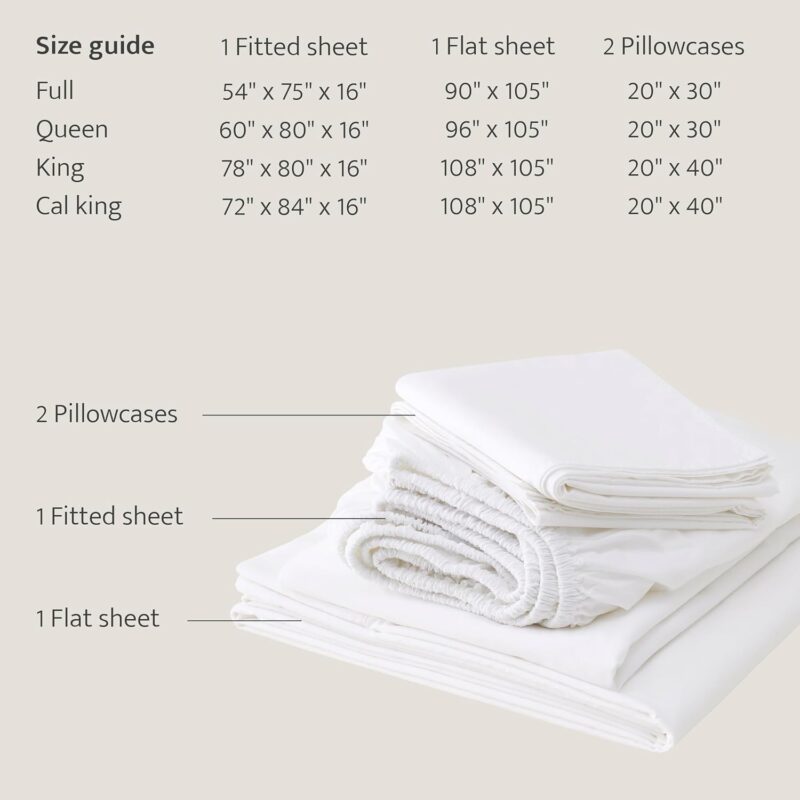 Double Stitch by Bedsure Percale Sheets Queen - Cotton Tencel Lyocell Sheet Set, Cooling Sheets for Hot Sleepers, Hotel Collection Sheets, 1 Fitted Sheet, 1 Flat Sheet, 2 Pillowcases, Bright White - Image 5