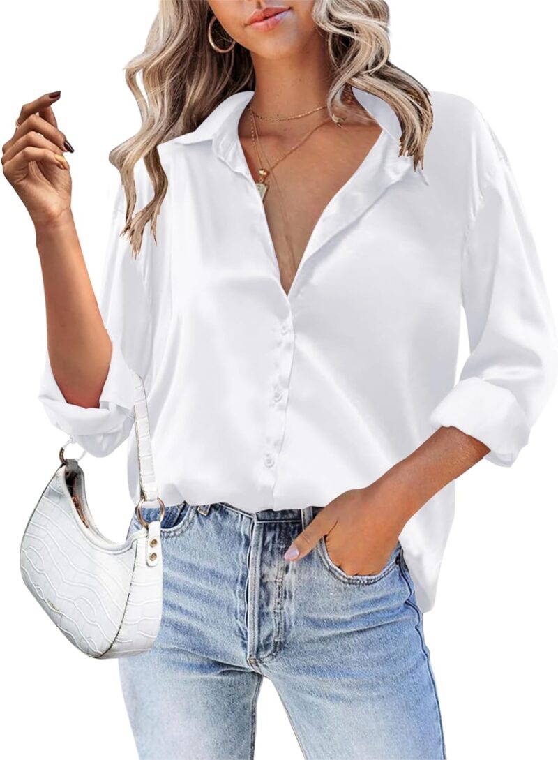 HOTOUCH Women Satin Silk Button Down Shirt Ladies Long Sleeve Tops V Neck Loose Blouse Dressy Business Casual Work Tunic Fall