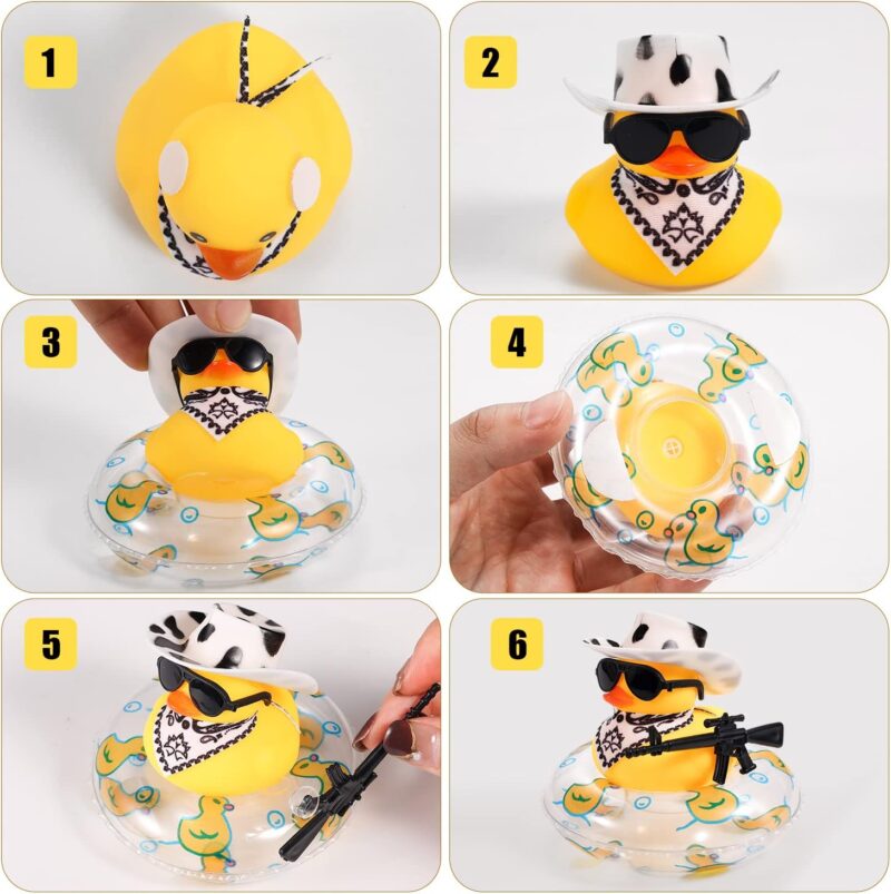 Duck for Cars, Rubber Duck for Car Dashboard, Squeaky Duck Bath Toy Yellow Duck Car Ornament Fun Cowboy Duck Car Accessories Car Dashboard Decorations with Swim Ring Hat Scarf Glasses (Style 4) - Image 5