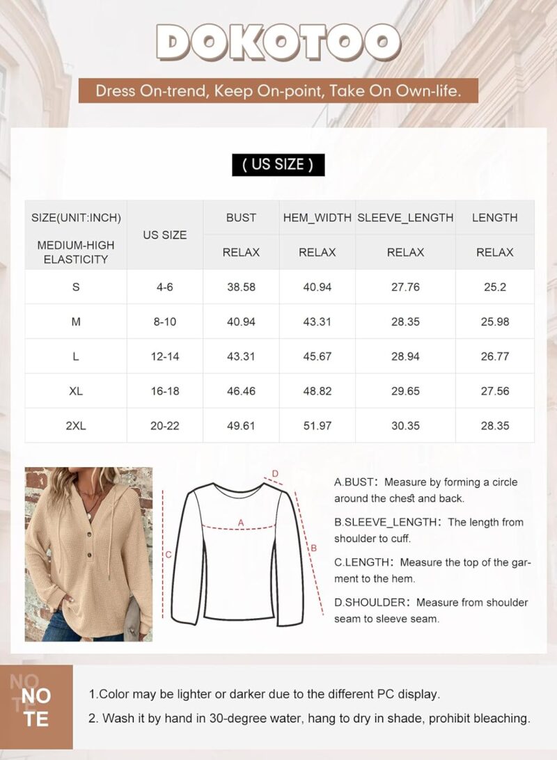 Dokotoo Hoodies for Women Waffle Knit Drawstring Button V Neck Long Sleeve Casual Pullover Sweatshirt Hooded Tops - Image 6