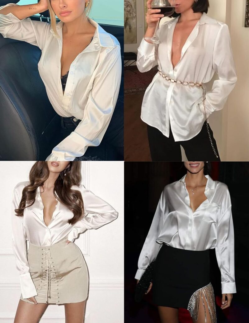 HOTOUCH Women Satin Silk Button Down Shirt Ladies Long Sleeve Tops V Neck Loose Blouse Dressy Business Casual Work Tunic Fall - Image 3