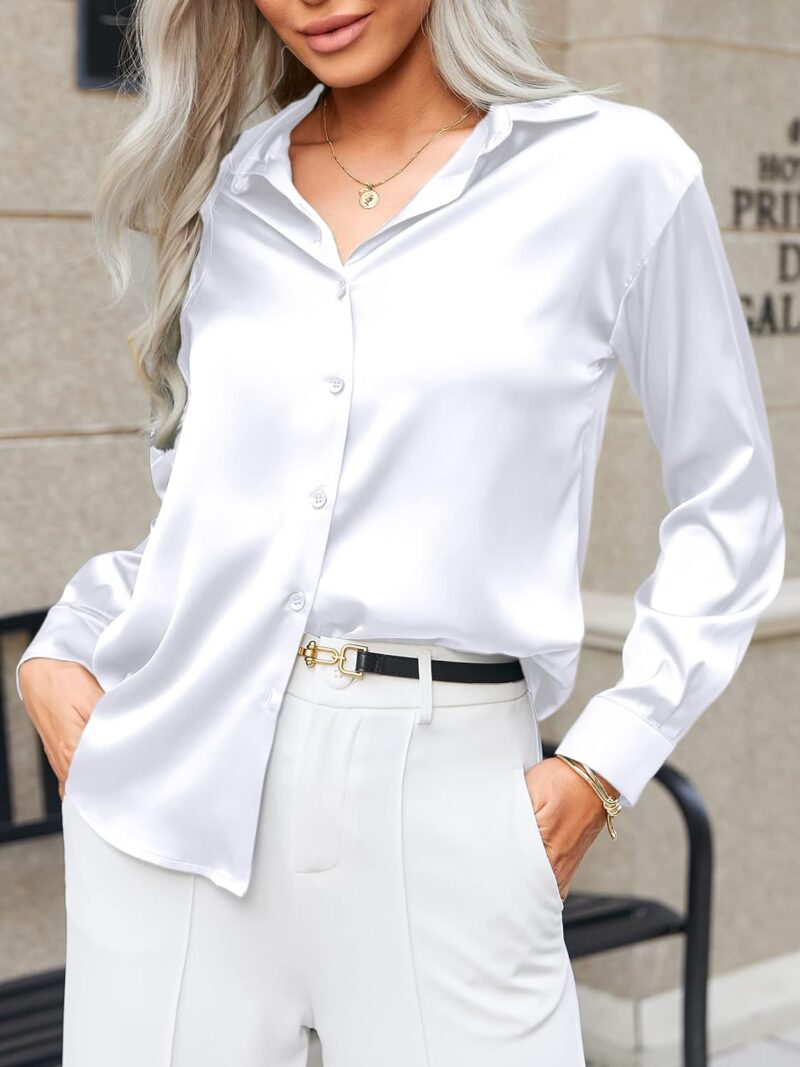 HOTOUCH Women Satin Silk Button Down Shirt Ladies Long Sleeve Tops V Neck Loose Blouse Dressy Business Casual Work Tunic Fall - Image 2