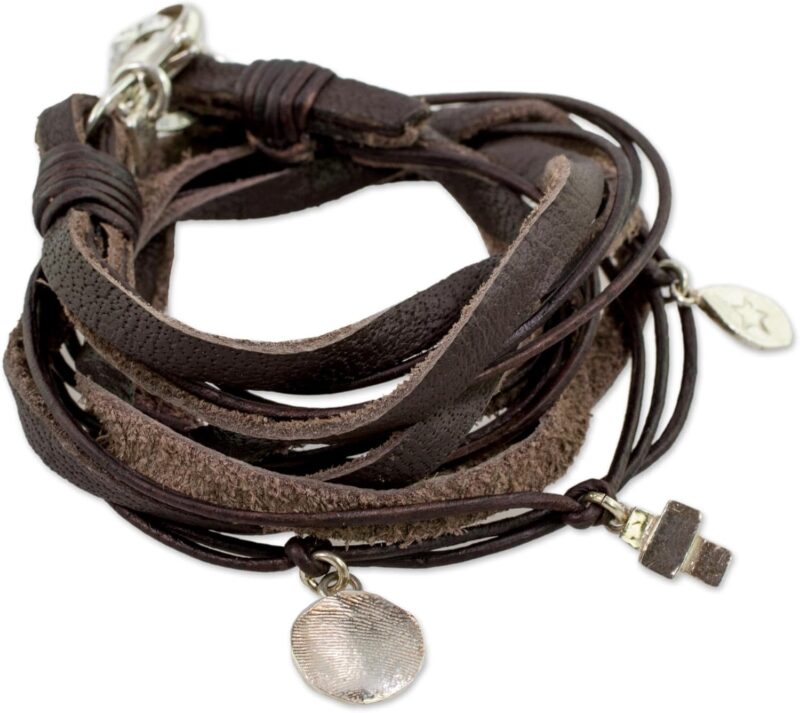 NOVICA Artisan Handmade Fine Silver Leather Wrap Bracelet Charm from Guatemala [0.2 in H x 0.4 in Diam.] ' Stellar Imprint' - Image 4