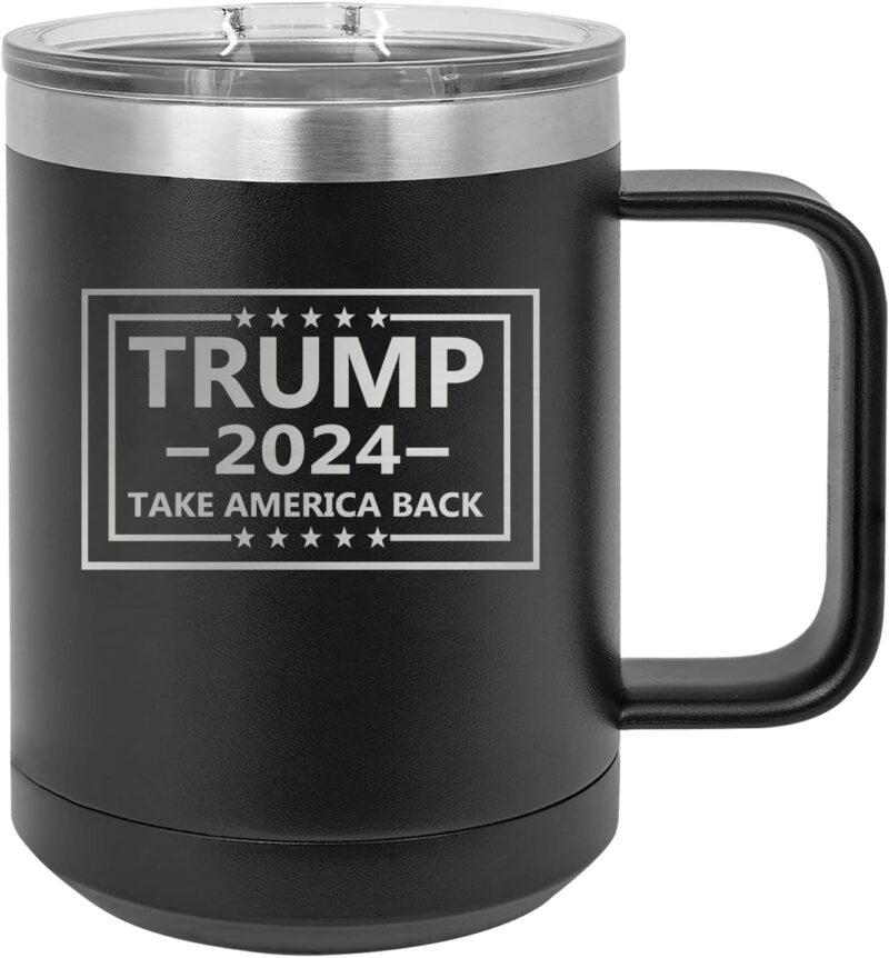 Rogue River Tactical Donald Trump 2024 Take America Back Heavy Duty Stainless Steel Black Coffee Mug Travel Tumbler With Lid Novelty Cup Great Gift Idea For Conservative or Republican