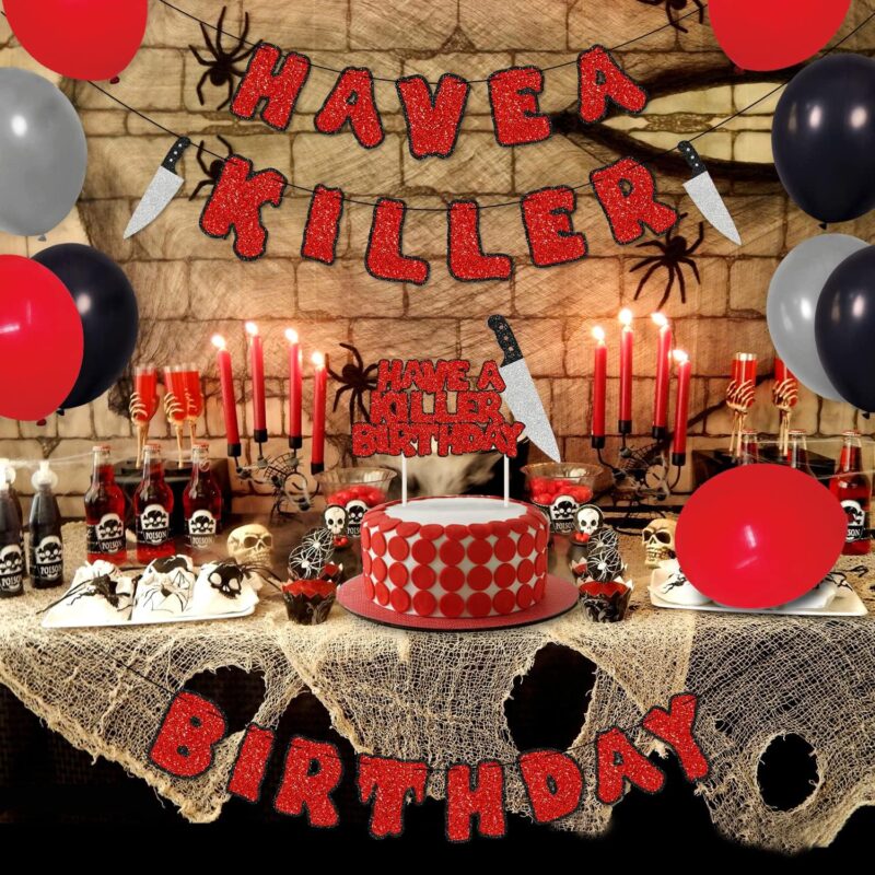 Have a Killer Birthday Party Decorations Kit Friday the 13th Themed Birthday Banner Bloody Cake Topper Balloons for Horror Theme Halloween Birthday Party Photo Props Supplies - Image 2