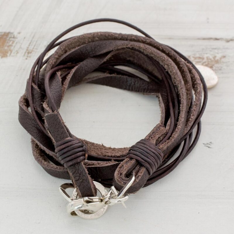 NOVICA Artisan Handmade Fine Silver Leather Wrap Bracelet Charm from Guatemala [0.2 in H x 0.4 in Diam.] ' Stellar Imprint' - Image 5