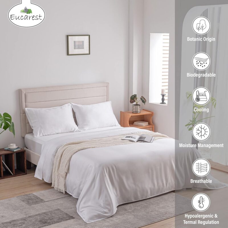 Eucalyptus Lyocell Bed Sheets, Hypoallergenic 100% Organic TENCEL, Thermal Regulating and Moisture Wicking for Hot Sleepers, Superior Thread Quality, Extra Deep Pockets Queen Size - White - Image 2