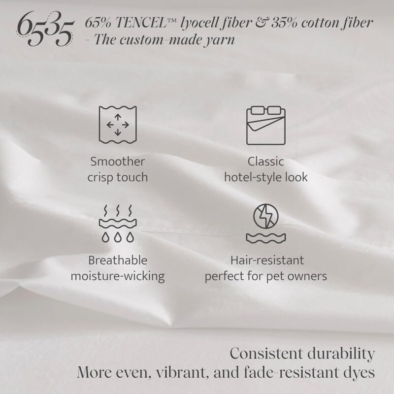 Double Stitch by Bedsure Percale Sheets Queen - Cotton Tencel Lyocell Sheet Set, Cooling Sheets for Hot Sleepers, Hotel Collection Sheets, 1 Fitted Sheet, 1 Flat Sheet, 2 Pillowcases, Bright White - Image 2