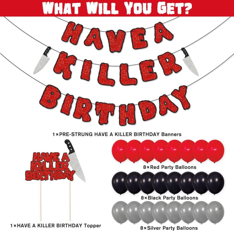 Have a Killer Birthday Party Decorations Kit Friday the 13th Themed Birthday Banner Bloody Cake Topper Balloons for Horror Theme Halloween Birthday Party Photo Props Supplies - Image 5