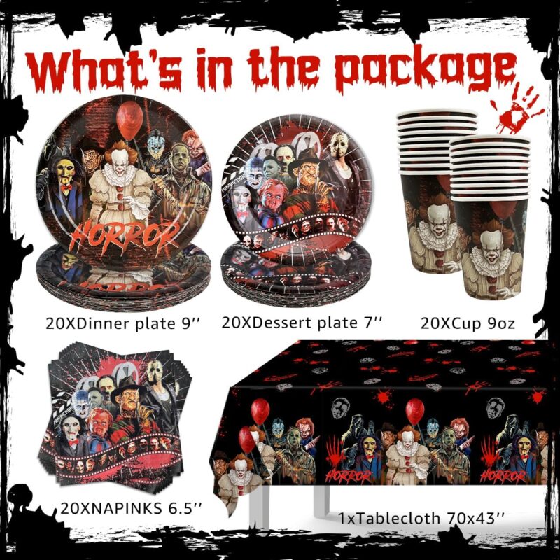 Horror Birthday Party Decorations, 81Pcs Horror Theme Party Tableware Set Include 1 Tablecloth 40 Plates 20 Napkins 20 Cups Horror Party Decorations for Halloween - Image 3