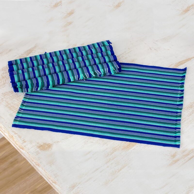 NOVICA Artisan Handmade Cotton Placemats Striped in Blue from Guatemala Tableware 'Colors of The Sea'(Set of 6) - Image 4