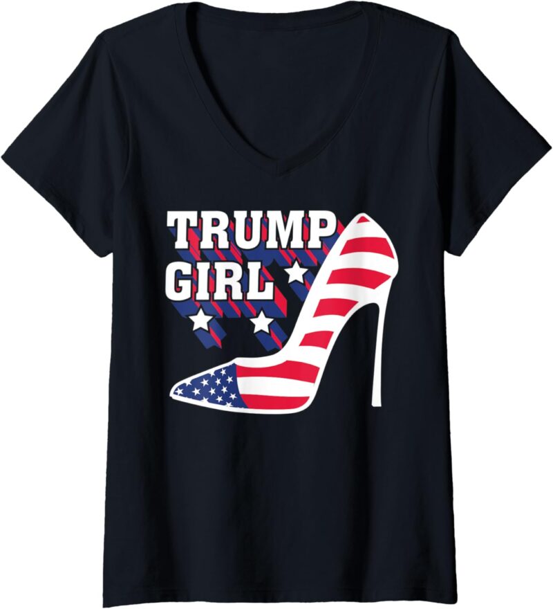 Womens Funny Trump Girl Gift | Cute High Heel American Flag Women V-Neck T-Shirt