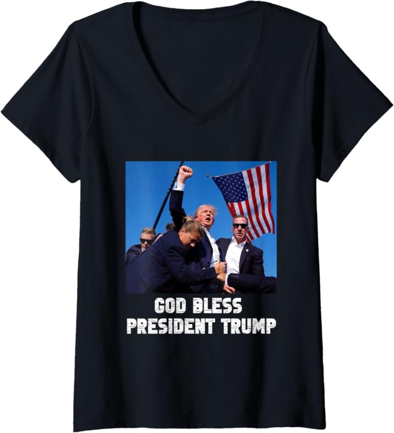 Womens God bless President Trump, Donald Trump 2024 V-Neck T-Shirt