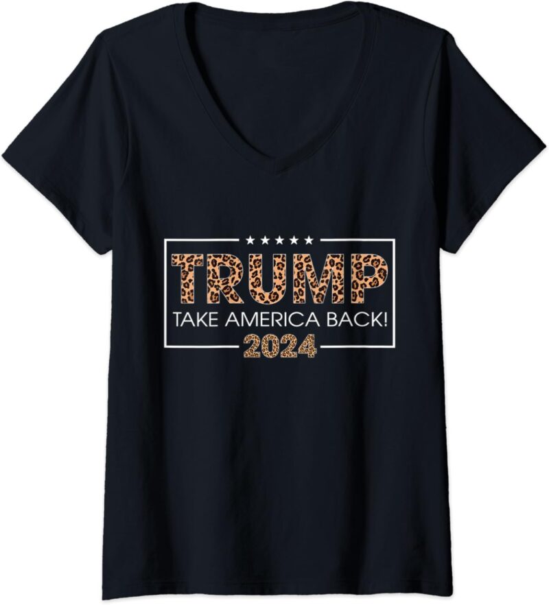 Womens Donald Trump 2024 Take America Back Leopard Print Gift Women V-Neck T-Shirt