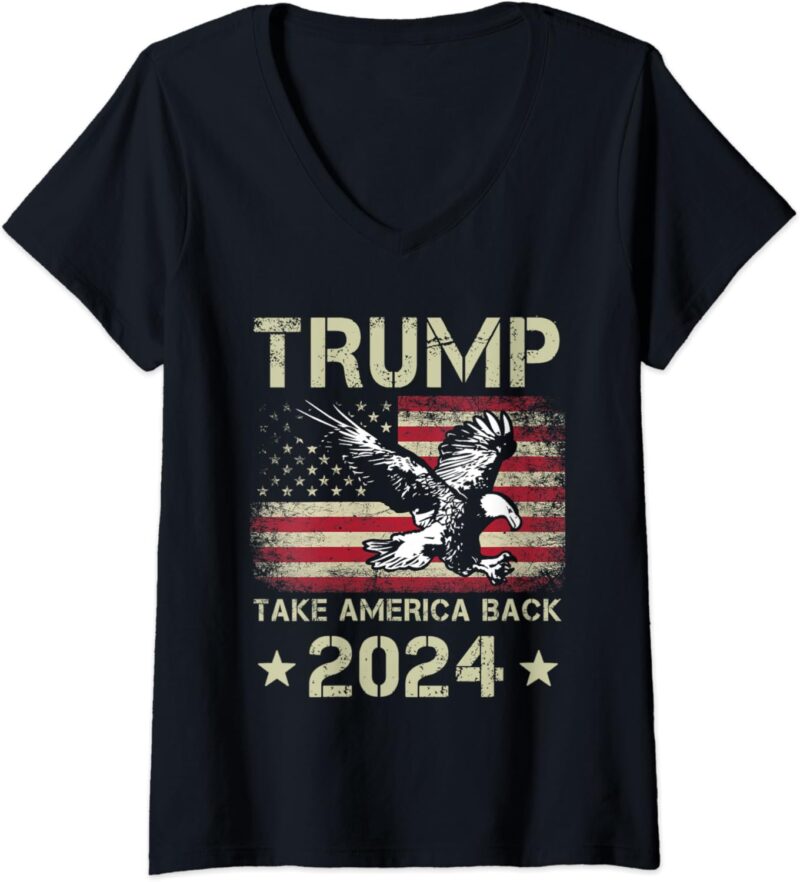 Womens Trump 2024 Take America Back American Flag Trump 2024 V-Neck T-Shirt