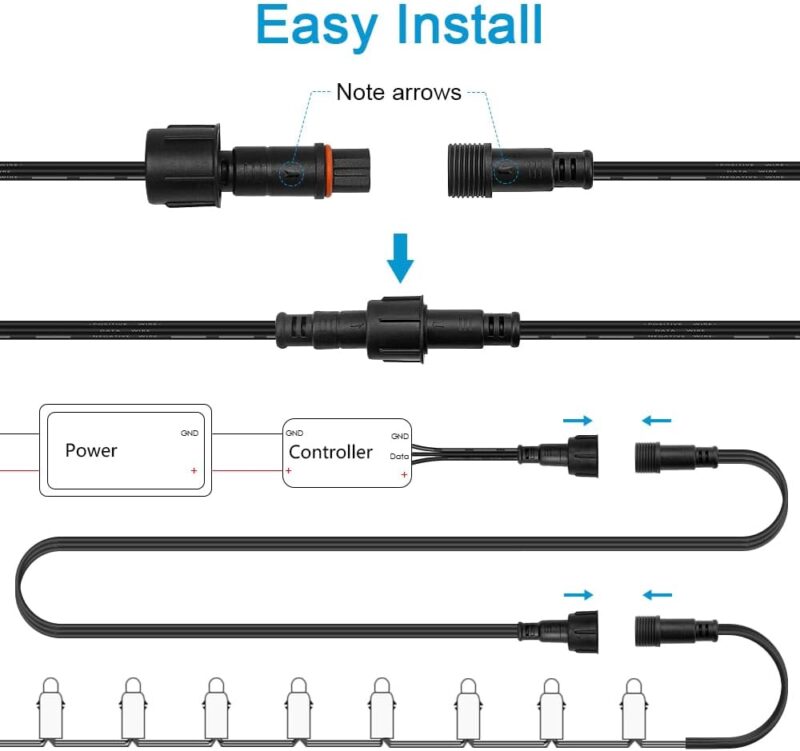 ALITOVE 6.56ft 3 Pin Extension Cable Wire with Male Female X-Connector 18AWG Power Cord IP68 Waterproof for B0923SDR5T B0CM95W84B B0CW9NQ12K B0CM976SKW WS2811 Pixel String Light(2 Pack) - Image 6