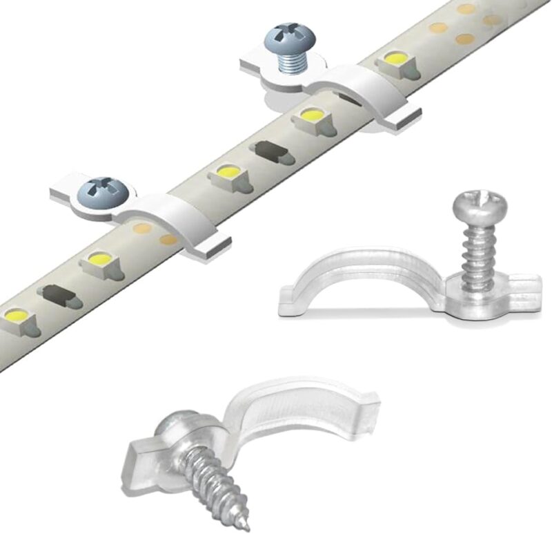 GRIVER 100 Pack Strip Light Mounting Brackets,Fixing Clips,One-Side Fixing,100 Screws Included (Ideal for 10mm Wide Waterproof Strip Lights)