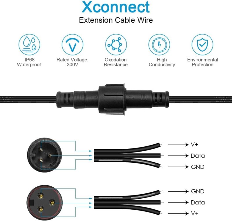 ALITOVE 6.56ft 3 Pin Extension Cable Wire with Male Female X-Connector 18AWG Power Cord IP68 Waterproof for B0923SDR5T B0CM95W84B B0CW9NQ12K B0CM976SKW WS2811 Pixel String Light(2 Pack) - Image 2