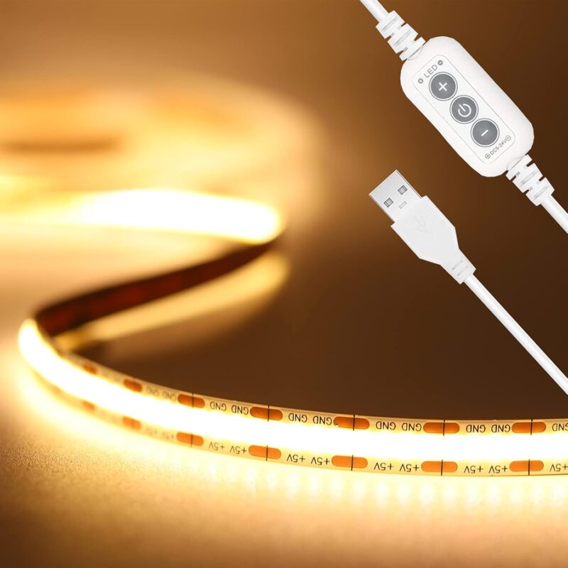 PAUTIX COB LED Strip Light 5V USB 6.56ft/2m 640LEDs 1200lm Dimmable LED Strip Light 3000K Warm White CRI85+ USB TV Backlight,Flexible Under Cabinet Tape Light for Bedroom,Kitchen,Home DIY Lighting