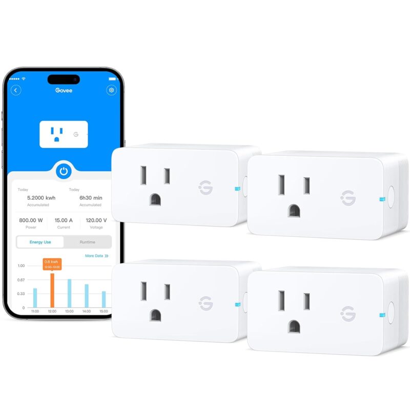 Govee Smart Plug with Energy Monitoring, WiFi Bluetooth Plug Work with Alexa and Google Assistant, 15A Smart Outlets with Timer & Group Controller, No Hub Required, ETL&FCC Certified for Home, 4 Pack