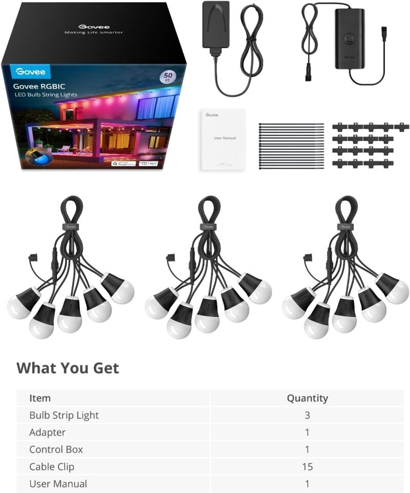 Govee Outdoor String Lights H1, 50ft RGBIC Outdoor Lights with 15 Dimmable Warm White LED Bulbs, Smart Outdoor Lights with 60 Scene Mode, IP65 Waterproof, Work with Alexa for Party, Daily Lighting - Image 9