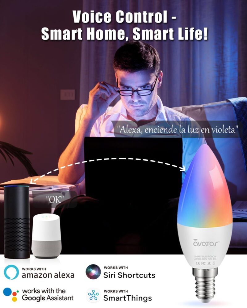 E12 Base Smart Bulb 4 Pack, 5W Candelabra Smart Light Bulbs - Alexa WiFi LED Lights B11 RGBCW Dimmable Color Changing Music Sync, Compatible with Alexa Google Home, 2.4 GHz Wi-Fi - Image 5