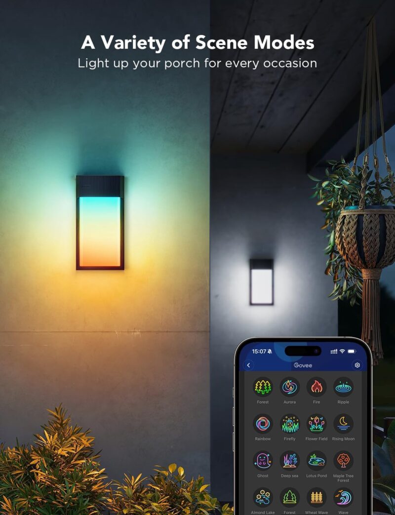 Govee Outdoor Wall Light, 1500LM Smart RGBIC Porch Lights Outdoor with 45 Scene Modes, IP65 Waterproof for Outdoor Decor, DIY Lighting Effects, Works with Alexa, Google Assistant and Matter, 2 Pack - Image 4