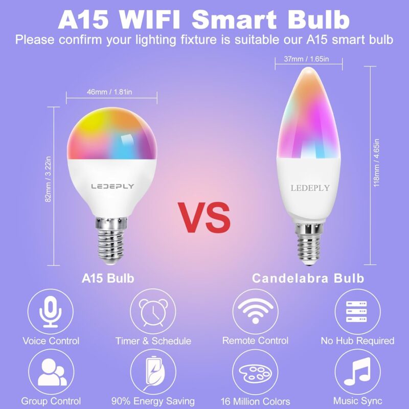 A15 LED Smart Bulb, 5W=40W,Compatible with Alexa, Google Assistant, E12 Base, Dimmable, 2.4G WiFi ONLY, RGB Color Changing, Tunable White 2700K-6500K, Globe Shape, G45 Ceiling Fan Light Bulbs 4 Pack - Image 5