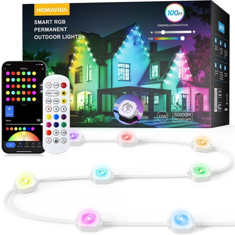 100ft Permanent Outdoor Christmas Lights, 72 RGB+IC LEDs DIY Smart Outside String Eave Light for Eternity, App& Remote, 54 Scene, Waterproof House for All Season Holidays, Alexa, Google Assistant