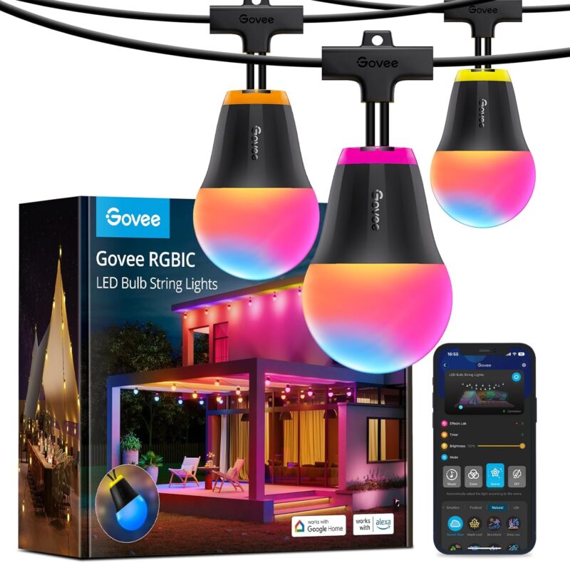 Govee Outdoor String Lights H1, 50ft RGBIC Outdoor Lights with 15 Dimmable Warm White LED Bulbs, Smart Outdoor Lights with 60 Scene Mode, IP65 Waterproof, Work with Alexa for Party, Daily Lighting