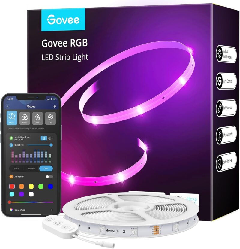 Govee Smart WiFi LED Strip Lights, 50ft RGB Led Strip Lighting Work with Alexa and Google Assistant, Color Changing Light Strip, Music Sync, LED Lights for Bedroom, Back to School, Easy to Install