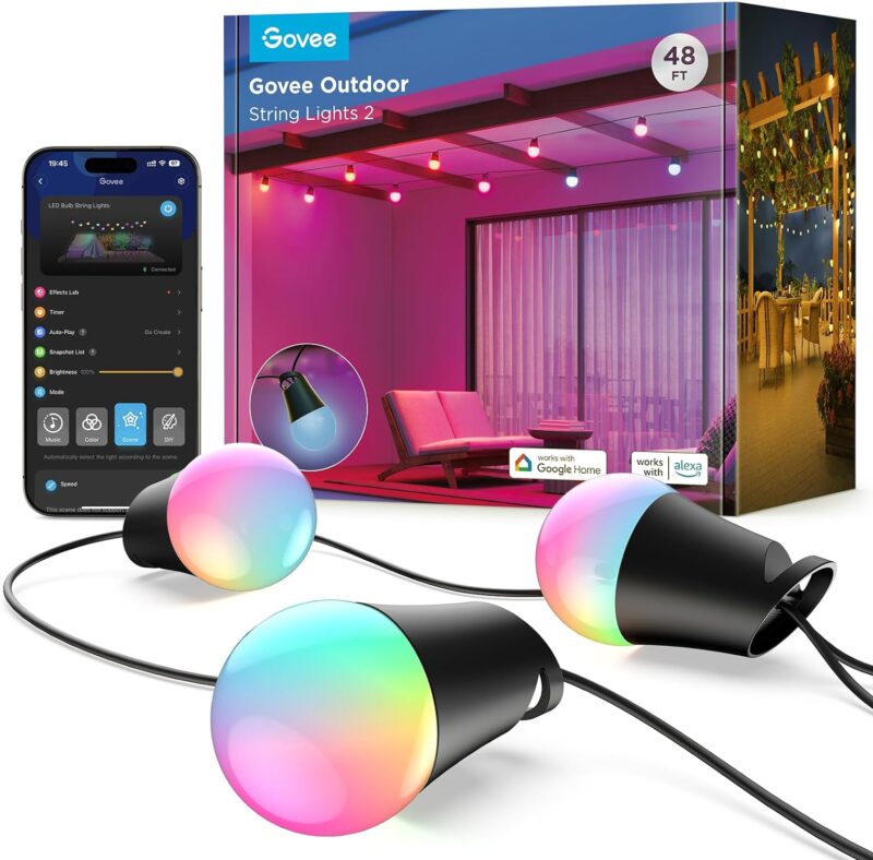 Govee Smart Outdoor String Lights 2, 48ft RGBIC Outdoor Lights with Dimmable Warm White LED Bulbs for Halloween, 47 Scene Modes for Patio, Backyard, IP65 Waterproof, Works with Alexa, App Control