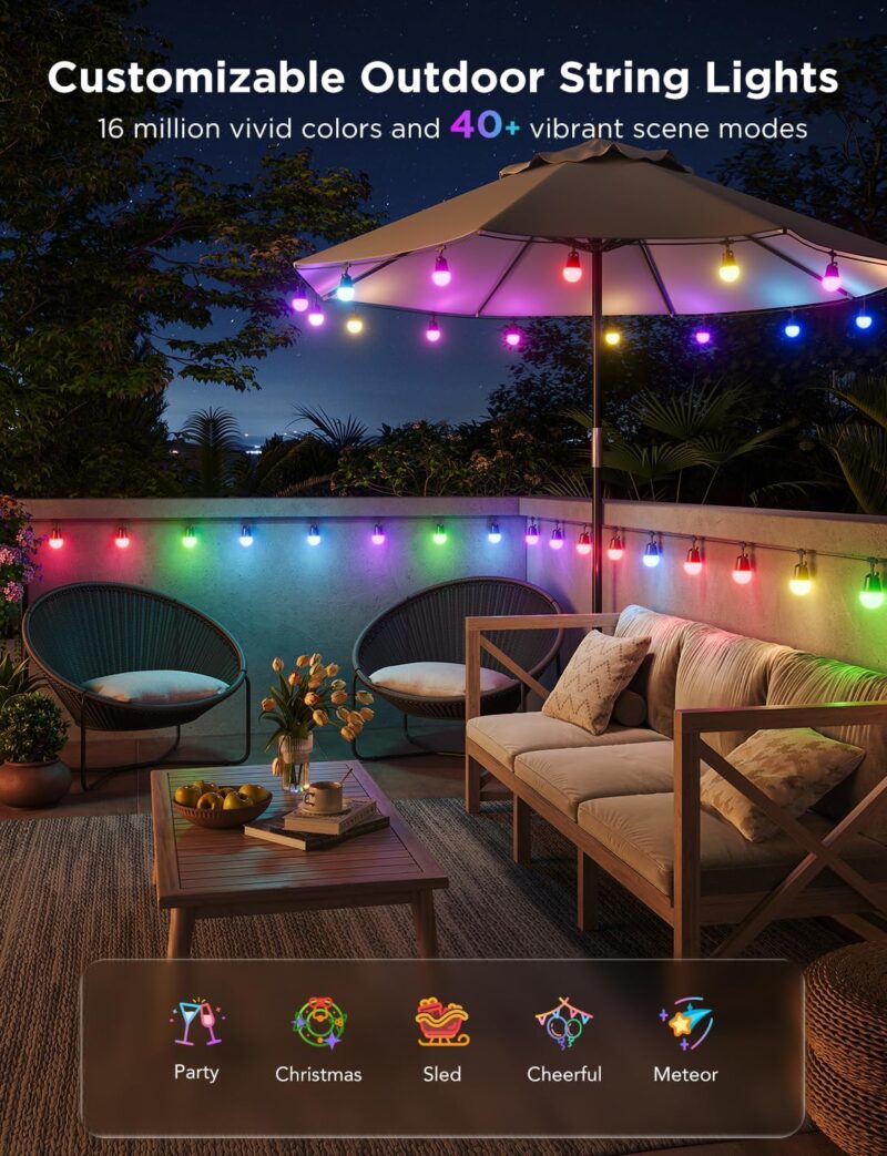 Govee Smart Outdoor String Lights 2, 48ft RGBIC Outdoor Lights with Dimmable Warm White LED Bulbs for Halloween, 47 Scene Modes for Patio, Backyard, IP65 Waterproof, Works with Alexa, App Control - Image 3